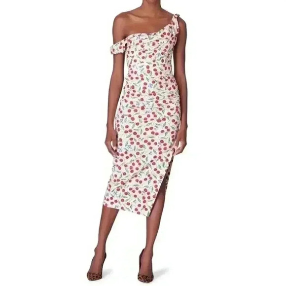 Carolina Herrera Cherry Print Off Shoulder Midi Dress 6 S Drape Designer Runway - Picture 9 of 16